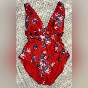 Modcloth One Piece Swimsuit Plus Sz 2X Red Floral V Neck Cross Back Beach Resort